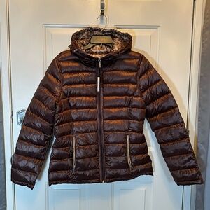 Calvin Klein Tan/Leopard Print Reversible Lightweight Puffer Coat (M)